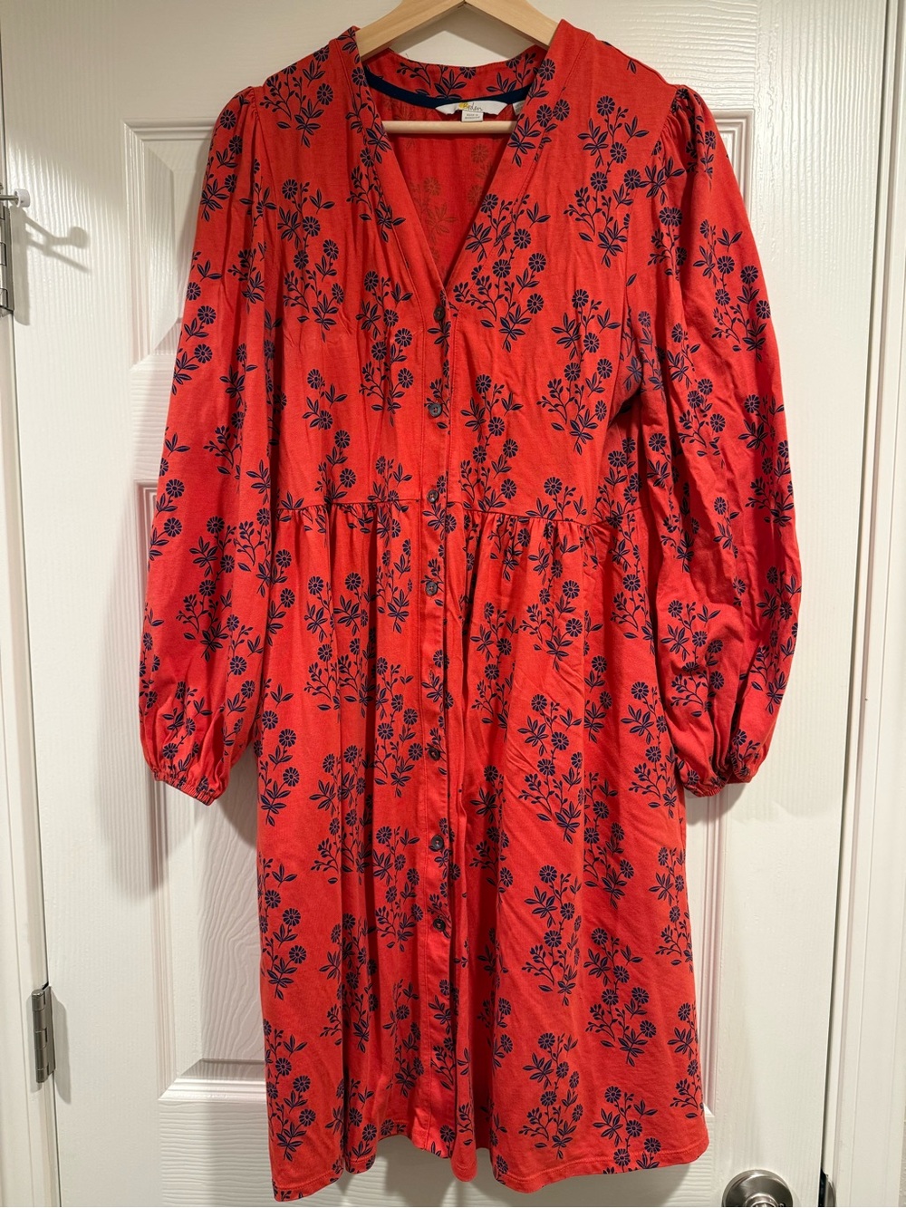 Boden Coral Floral Button Front Midi Dress Long Sleeve US 8 UK 12